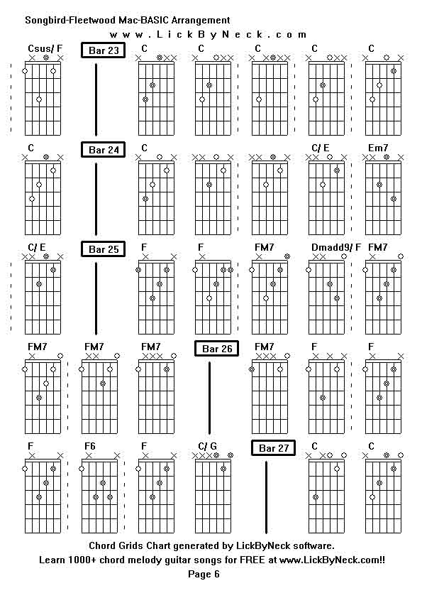 Chord Grids Chart of chord melody fingerstyle guitar song-Songbird-Fleetwood Mac-BASIC Arrangement,generated by LickByNeck software.